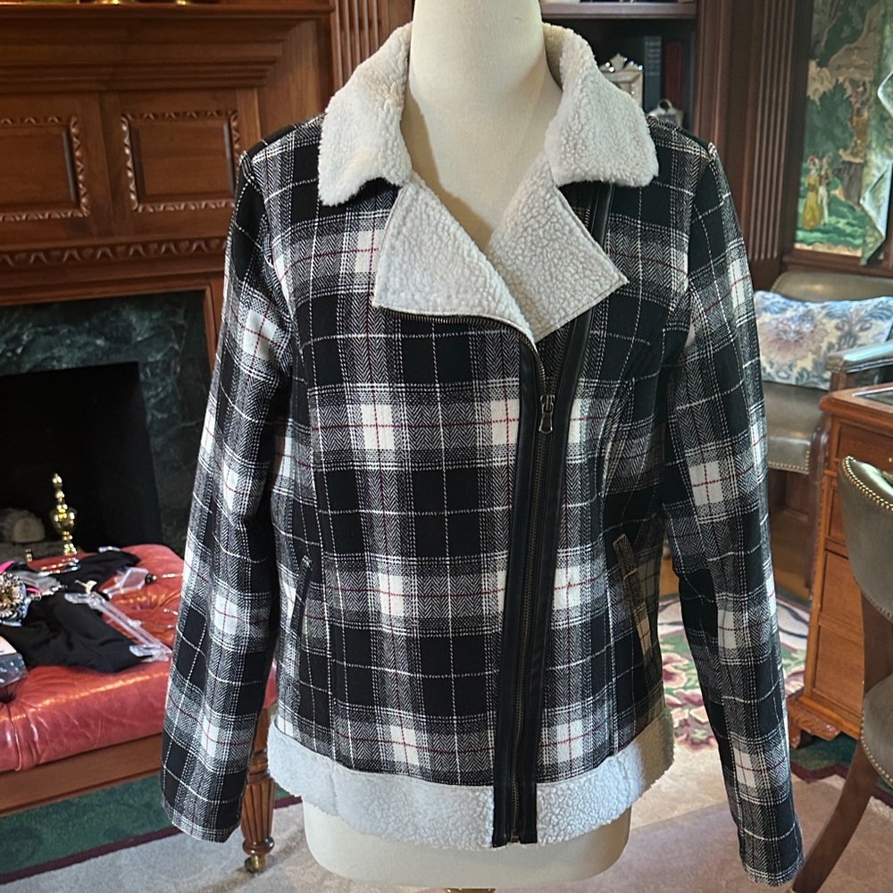 Soma Black and White Plaid Teddy Jacket